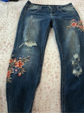 Miss Me Blue Skinny Jeans with Floral Embroidery and Distressed Detail 6 Low Ank
